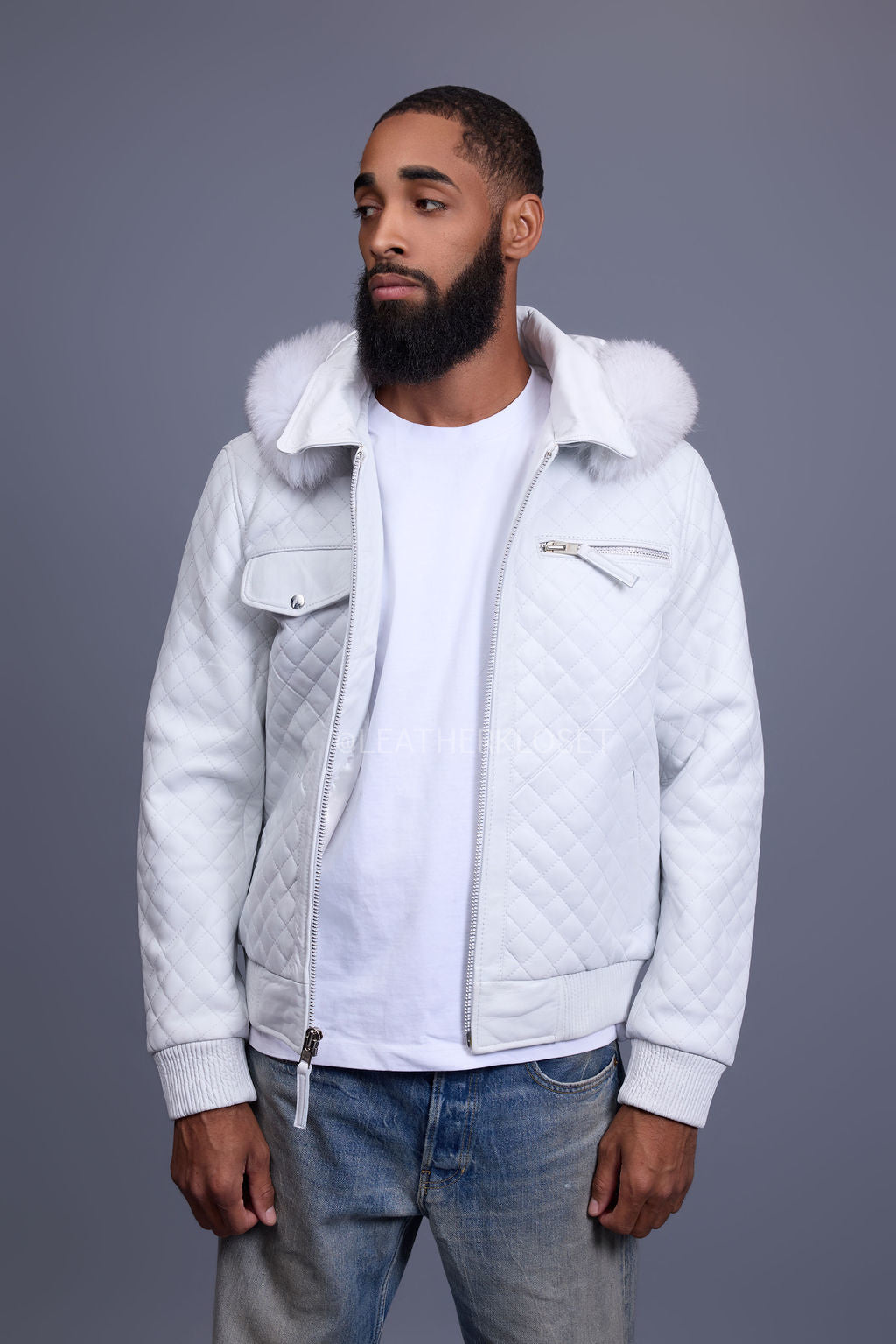 Men's Franklin Quilted Leather Bomber Jacket With Fox Hood [White]