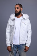 Men's Franklin Quilted Leather Bomber Jacket With Fox Hood [White]