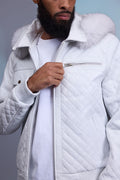 Men's Franklin Quilted Leather Bomber Jacket With Fox Hood [White]