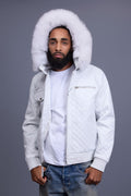 Men's Franklin Quilted Leather Bomber Jacket With Fox Hood [White]