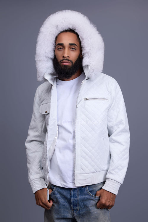 Men's Franklin Quilted Leather Bomber Jacket With Fox Hood [White]
