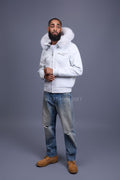 Men's Franklin Quilted Leather Bomber Jacket With Fox Hood [White]