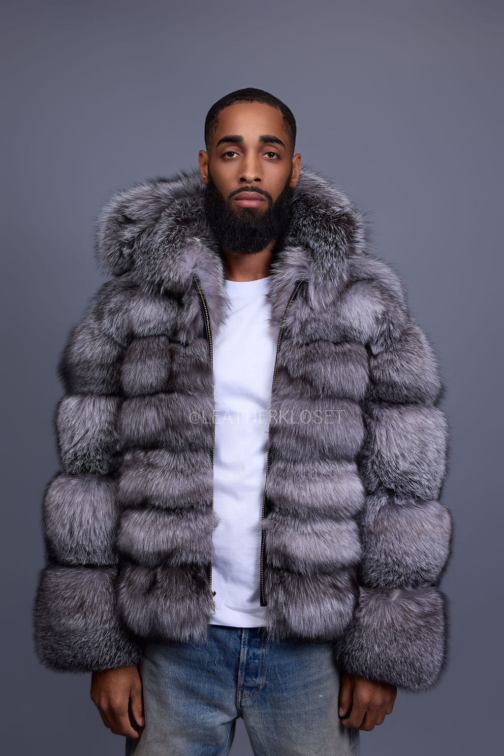 Men's Silver Fox Fur Bomber With Hood