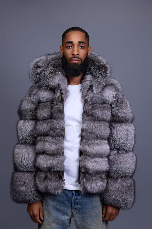 Men's Silver Fox Fur Bomber With Hood