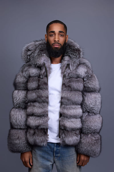 Men's Silver Fox Fur Bomber With Hood – LeatherKloset