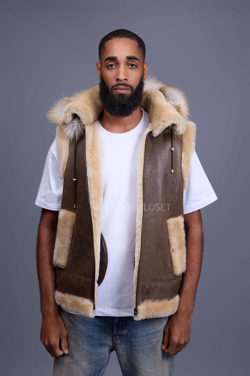Men's Real Sheepskin Shearling Vest With Fox [Olive]