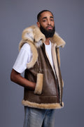 Men's Real Sheepskin Shearling Vest With Fox [Olive]