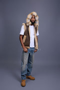 Men's Real Sheepskin Shearling Vest With Fox [Olive]