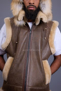 Men's Real Sheepskin Shearling Vest With Fox [Olive]