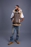 Men's Real Sheepskin Shearling Vest With Fox [Olive]
