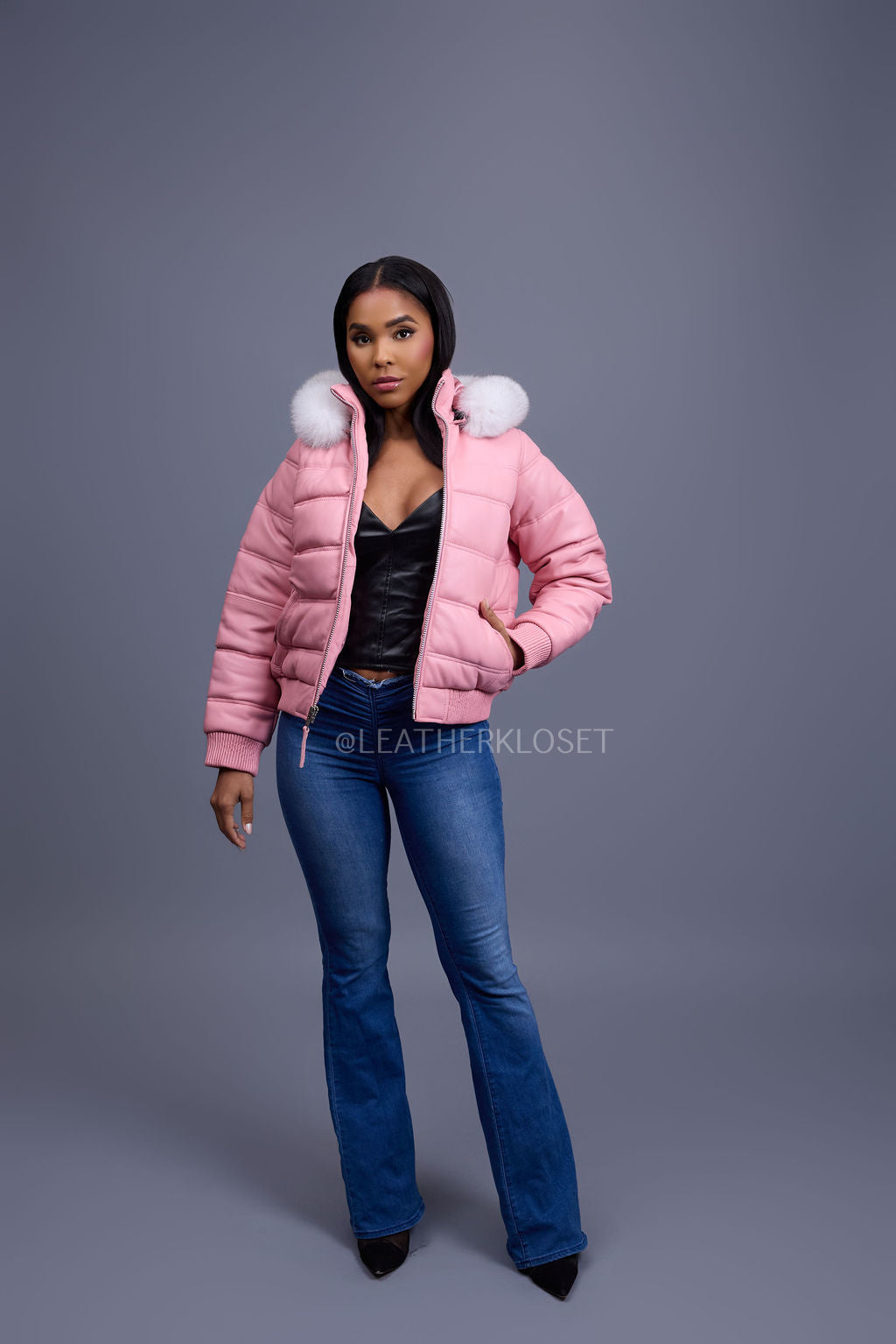 Women's Leather Snorkel Bomber Jacket [Bubble Pink]
