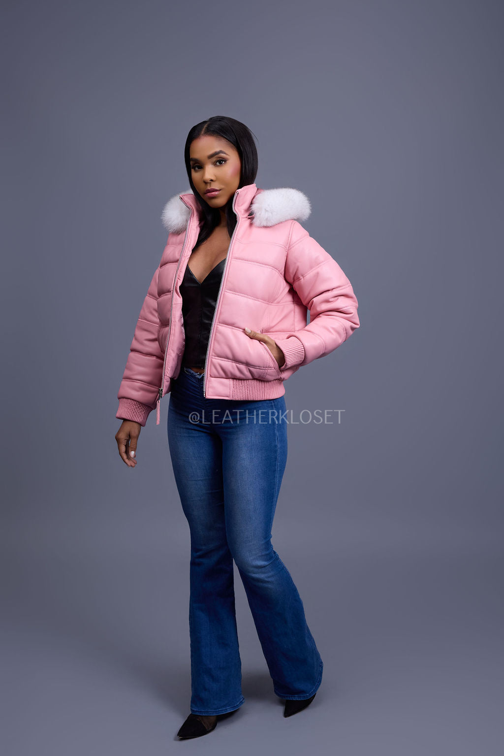 Women's Leather Snorkel Bomber Jacket [Bubble Pink]