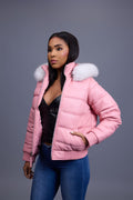 Women's Leather Snorkel Bomber Jacket [Bubble Pink]