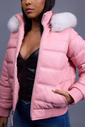 Women's Leather Snorkel Bomber Jacket [Bubble Pink]
