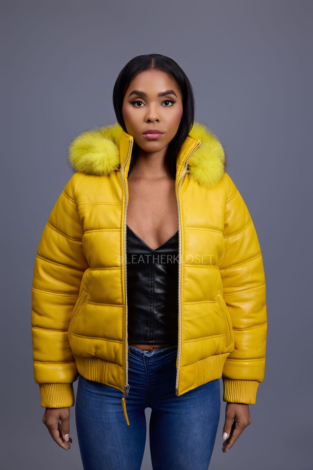 Women's Leather Snorkel Bomber Jacket [Yellow/Yellow Fox]