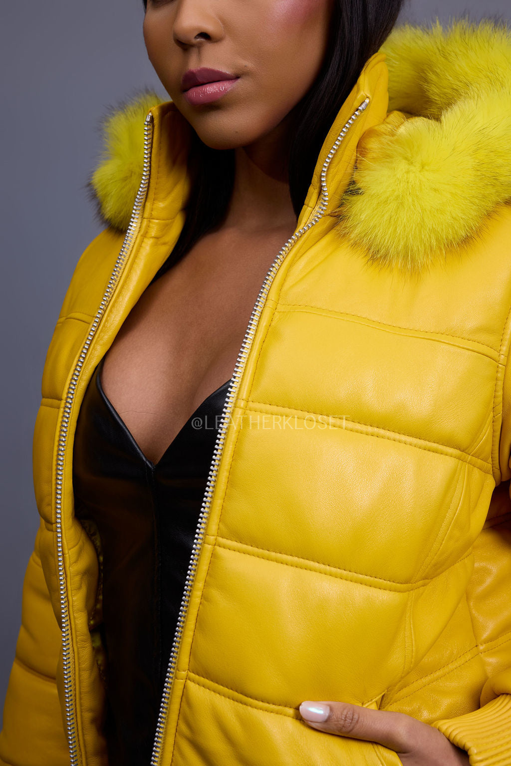Women's Leather Snorkel Bomber Jacket [Yellow/Yellow Fox]
