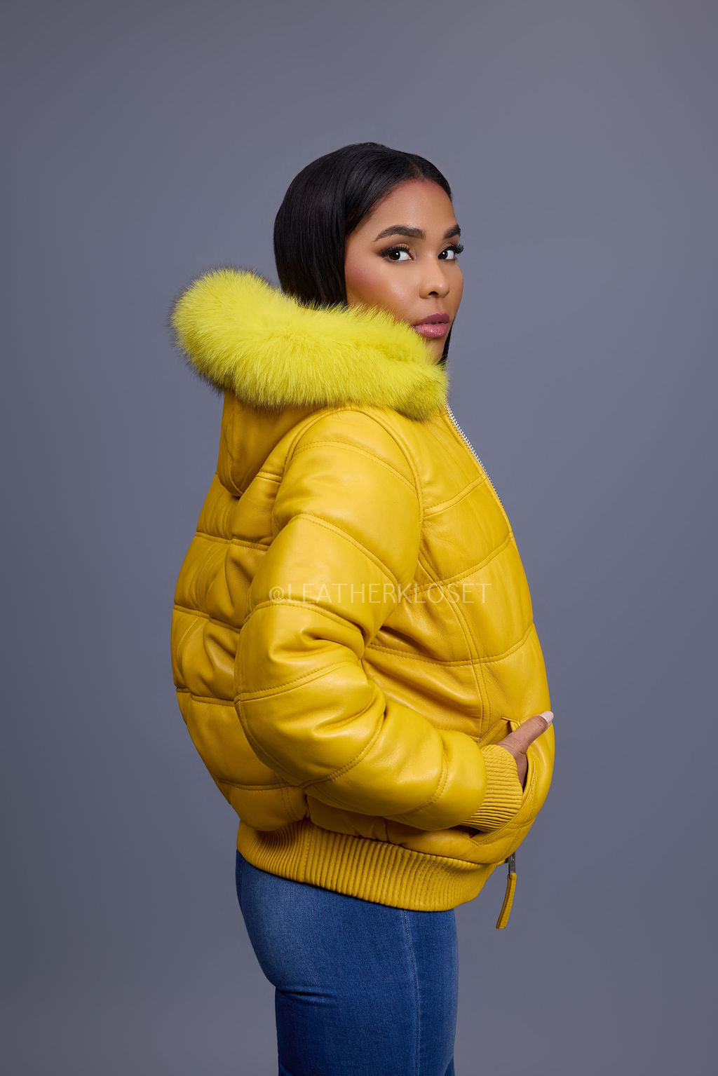 Women's Leather Snorkel Bomber Jacket [Yellow/Yellow Fox]