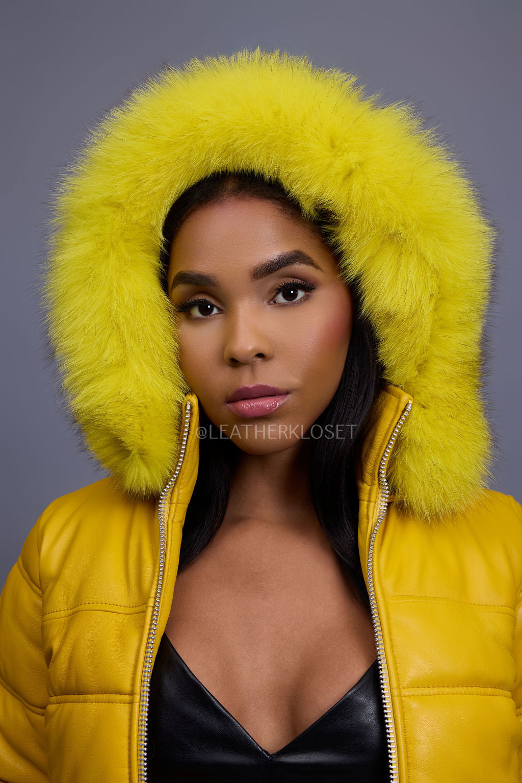 Women's Leather Snorkel Bomber Jacket [Yellow/Yellow Fox]