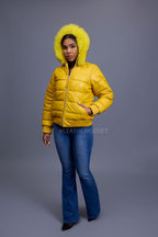 Women's Leather Snorkel Bomber Jacket [Yellow/Yellow Fox]