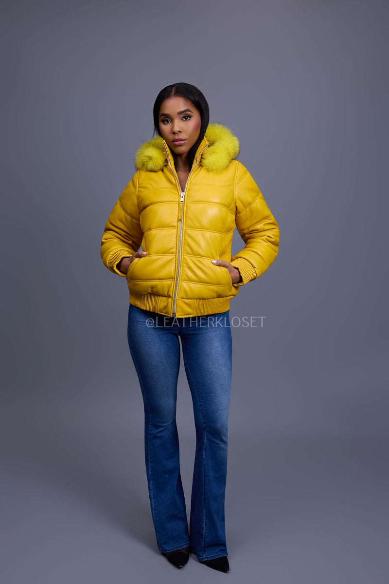Women's Leather Snorkel Bomber Jacket [Yellow/Yellow Fox]