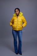 Women's Leather Snorkel Bomber Jacket [Yellow/Yellow Fox]
