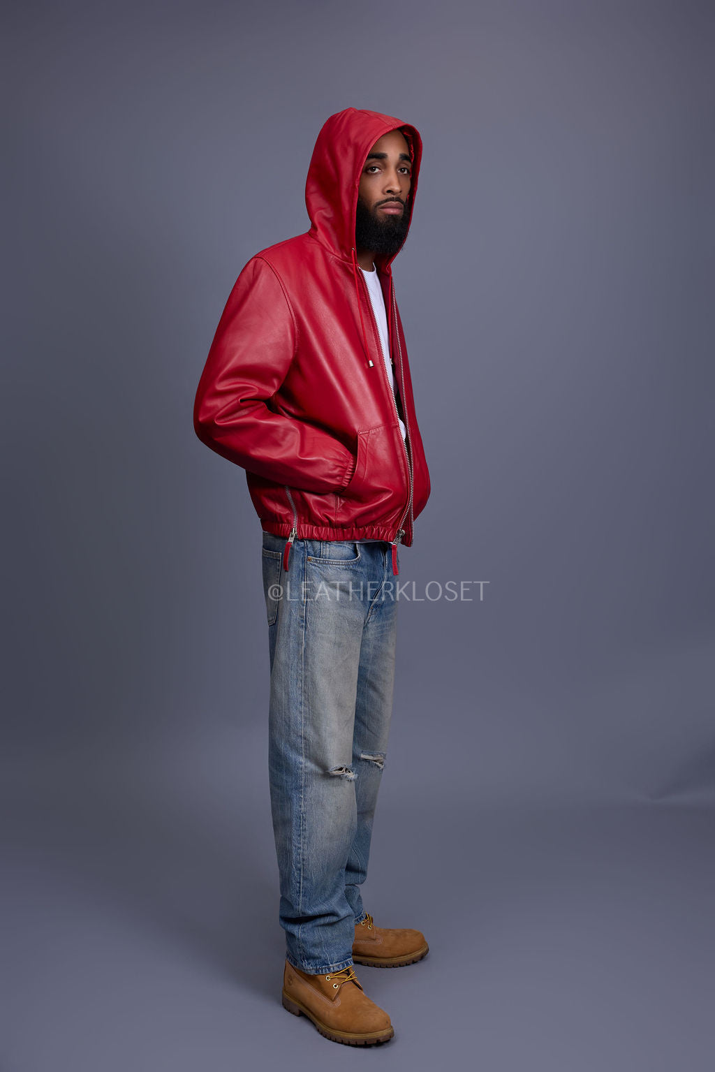 Men's Leather Hoodie [Red]