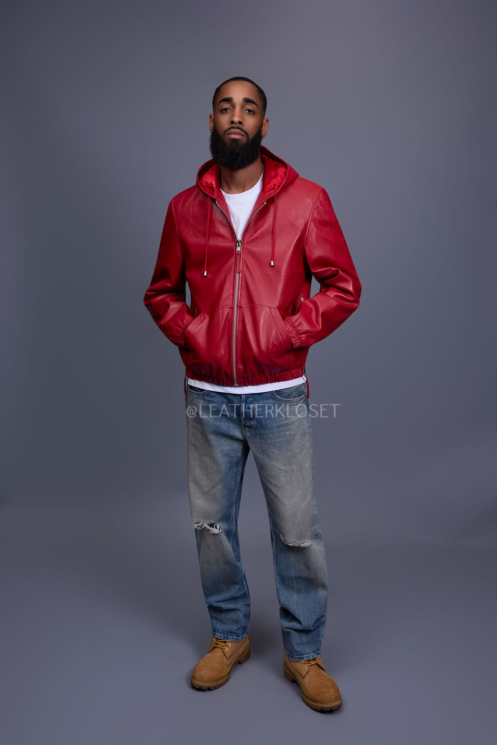 Men's Leather Hoodie [Red]