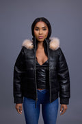 Women's Leather Snorkel Bomber Jacket [Black/Crystal Fox]