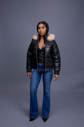 Women's Leather Snorkel Bomber Jacket [Black/Crystal Fox]