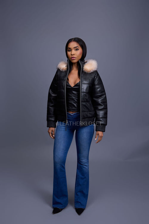 Women's Leather Snorkel Bomber Jacket [Black/Crystal Fox]