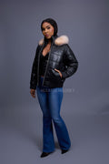 Women's Leather Snorkel Bomber Jacket [Black/Crystal Fox]