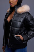 Women's Leather Snorkel Bomber Jacket [Black/Crystal Fox]