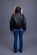 Women's Leather Snorkel Bomber Jacket [Black/Crystal Fox]