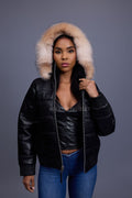 Women's Leather Snorkel Bomber Jacket [Black/Crystal Fox]