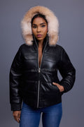 Women's Leather Snorkel Bomber Jacket [Black/Crystal Fox]