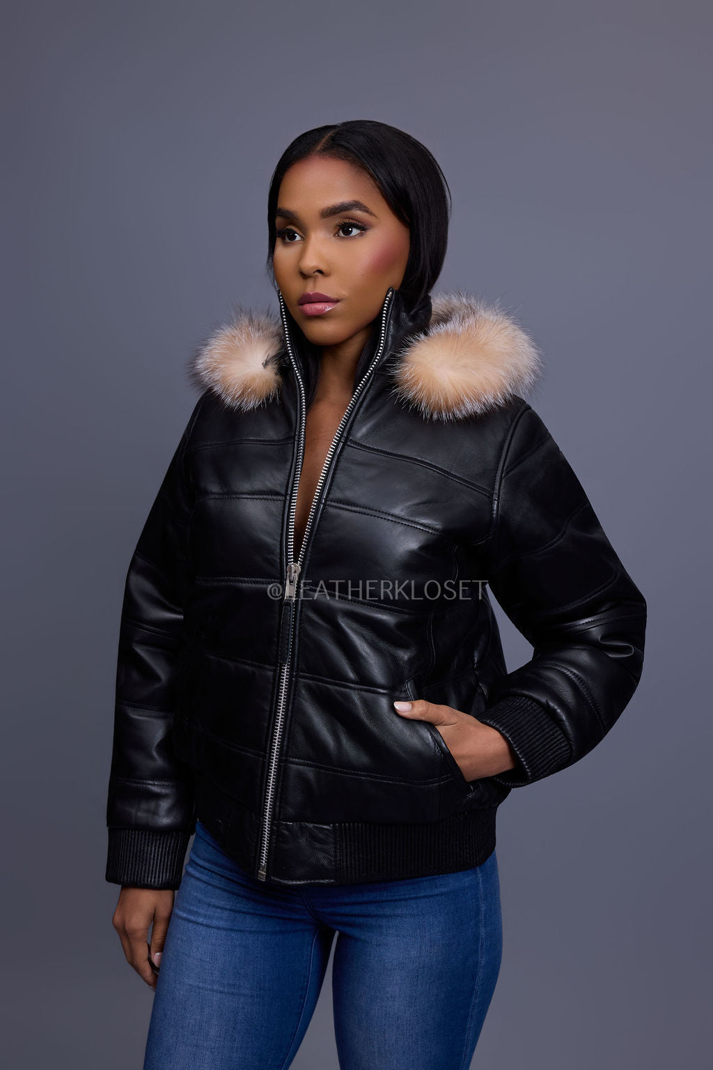 Women's Leather Snorkel Bomber Jacket [Black/Crystal Fox]