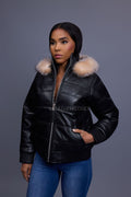 Women's Leather Snorkel Bomber Jacket [Black/Crystal Fox]