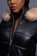 Women's Leather Snorkel Bomber Jacket [Black/Crystal Fox]