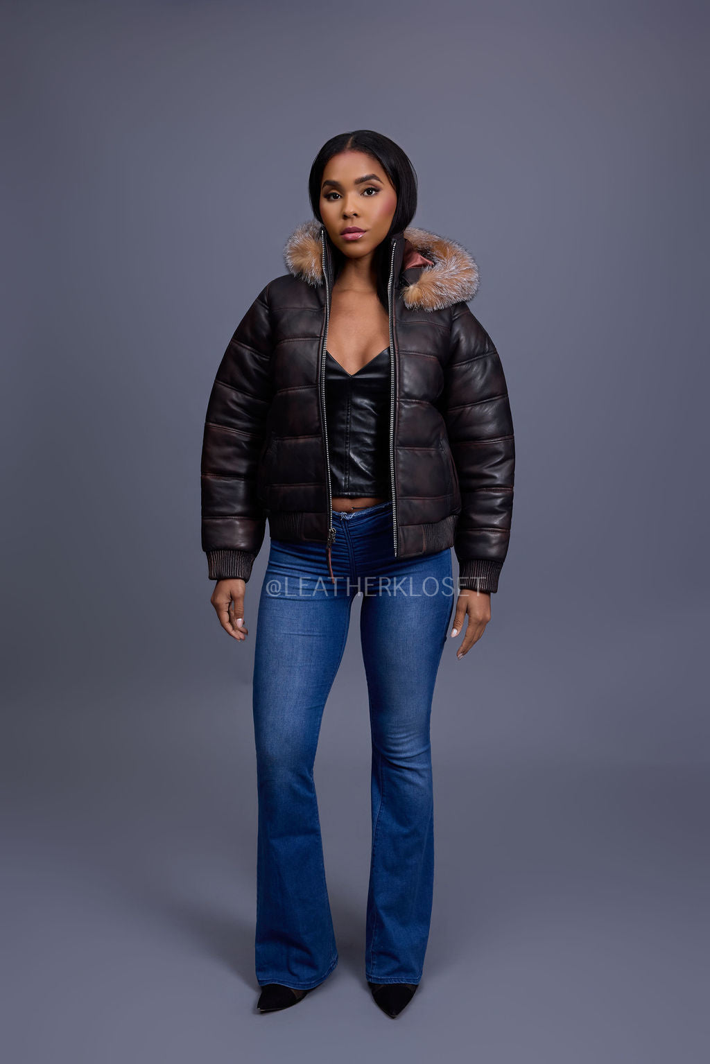 Women's Leather Snorkel Bomber Jacket [Copper/Crystal Fox]
