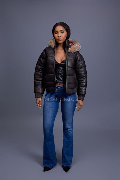 Women's Leather Snorkel Bomber Jacket [Copper/Crystal Fox]