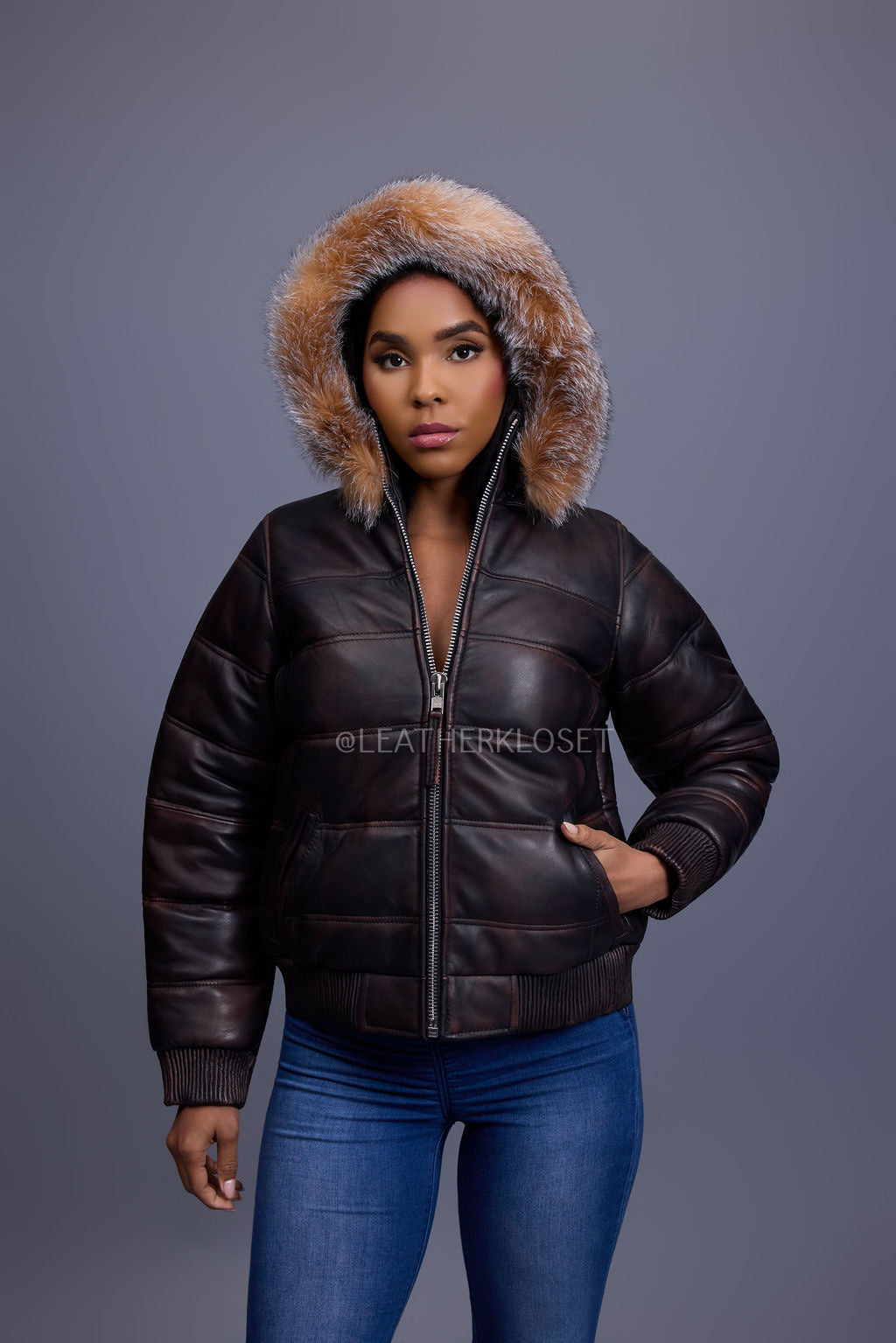 Women's Leather Snorkel Bomber Jacket [Copper/Crystal Fox]