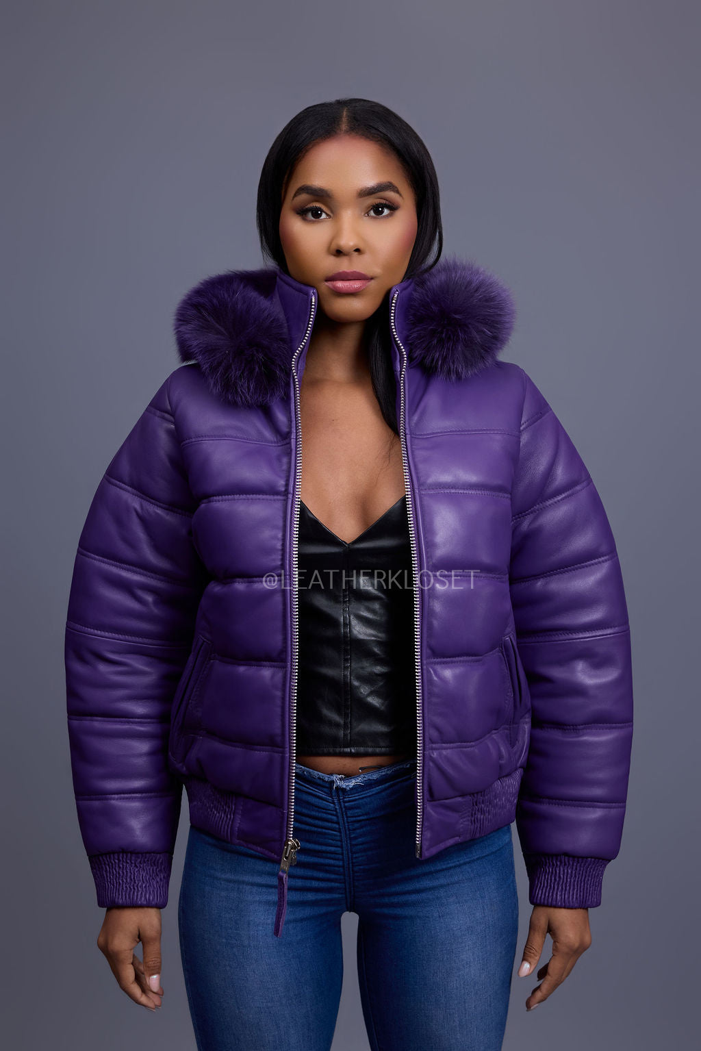 Women's Leather Snorkel Bomber Jacket [Purple/Purple Fox]