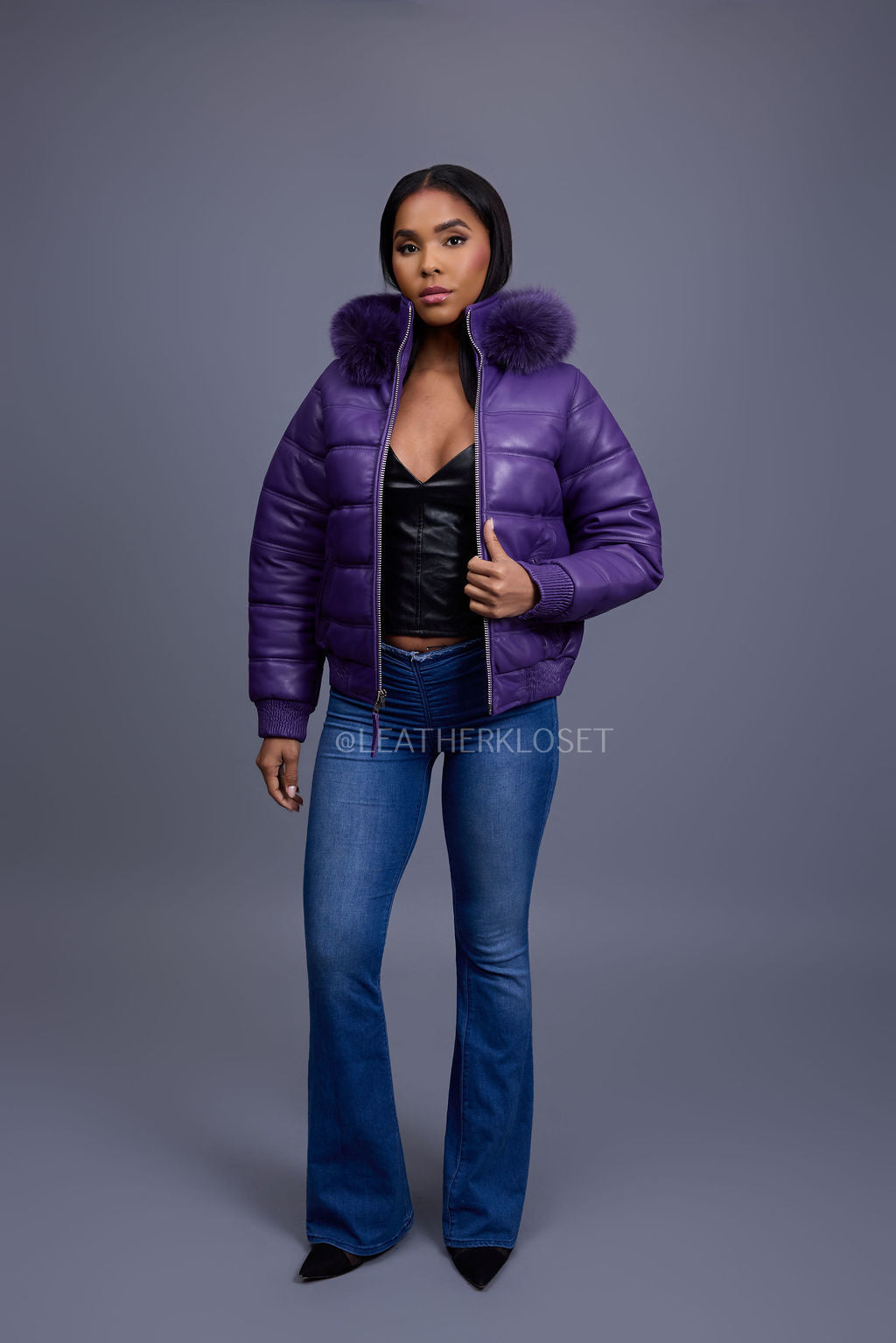 Women's Leather Snorkel Bomber Jacket [Purple/Purple Fox]