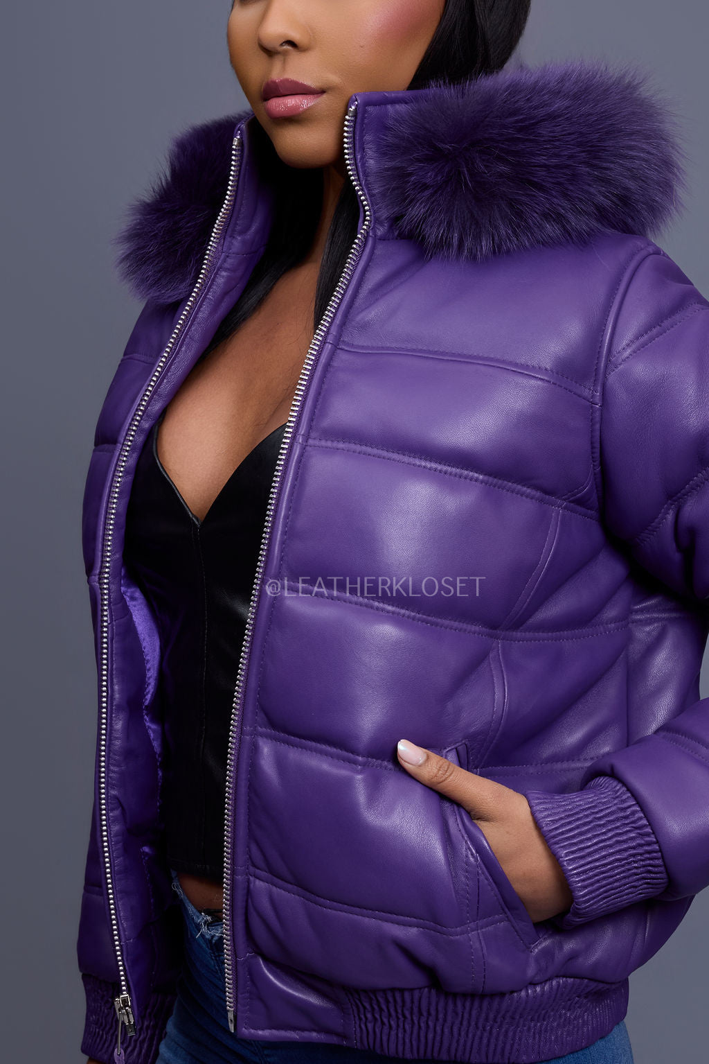 Women's Leather Snorkel Bomber Jacket [Purple/Purple Fox]