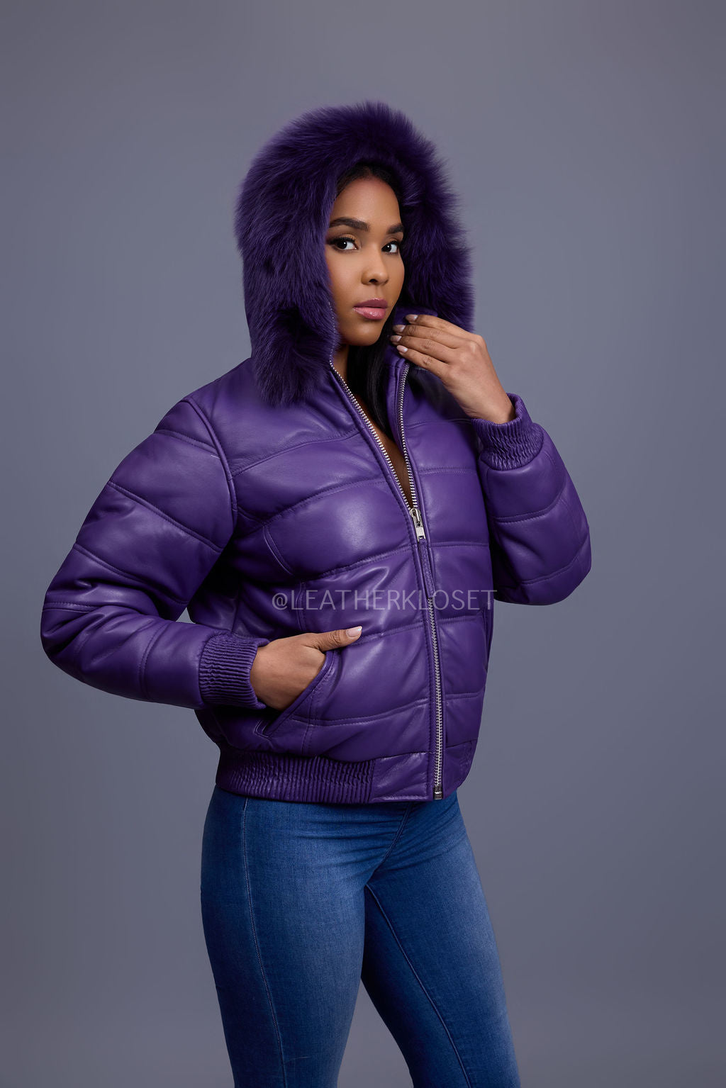 Women's Leather Snorkel Bomber Jacket [Purple/Purple Fox]