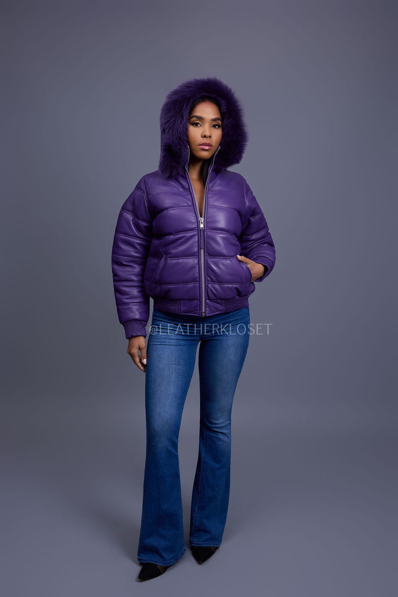 Women's Leather Snorkel Bomber Jacket [Purple/Purple Fox]