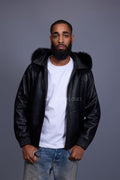 Men's Classic Baseball Jacket With Fox Hood [Black/Black Fox]