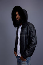 Men's Classic Baseball Jacket With Fox Hood [Black/Black Fox]