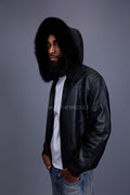 Men's Classic Baseball Jacket With Fox Hood [Black/Black Fox]