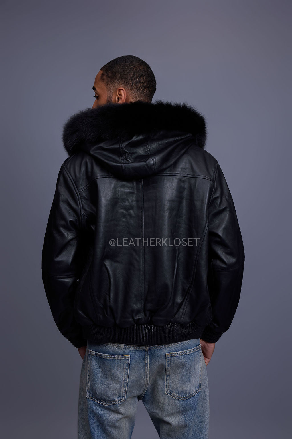 Men's Classic Baseball Jacket With Fox Hood [Black/Black Fox]